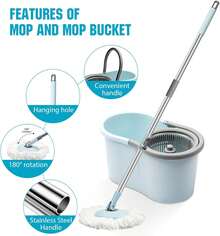 Spin Mop And Bucket With Wringer Set, 360° Spinning Mop Bucket System With 3 Microfiber Mop Replacement Heads And 50" Stainless Steel Adjustable Handle For Floor Cleaning (15QT) - 藍色 - 查看 5