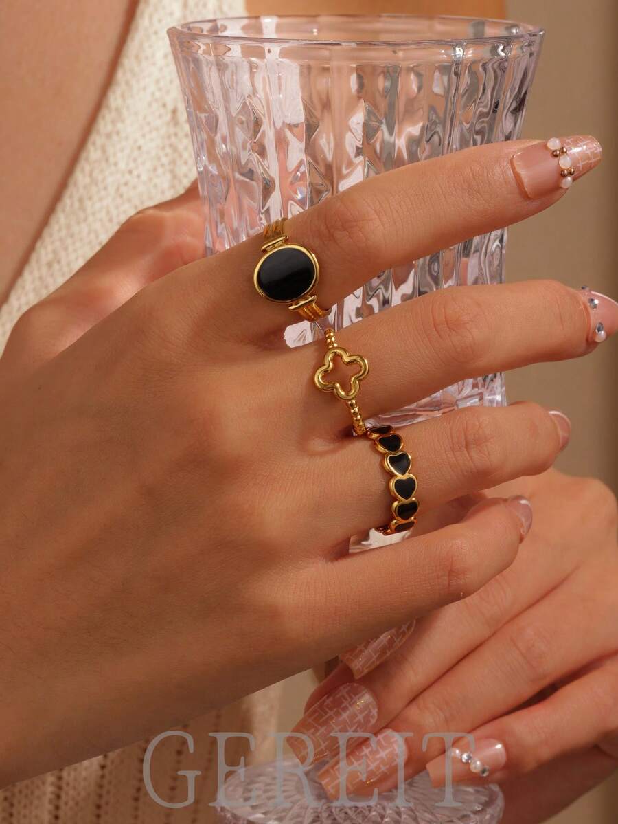 GEREIT 3件套18K不锈钢黑色珐琅椭圆形心形开口戒指，适合女性日常佩戴，母亲节礼物 - 金色 - 查看 1