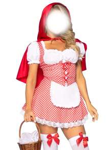 Halloween Miss Red Costume Women Halloween Fairytale Short Puff Sleeve Plaid Print Mini Corset Dress With Cape Role-Play Adult Costumes - 紅色 - 查看 2