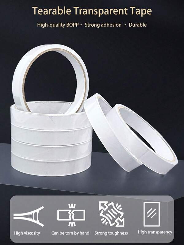 Un rollo de cinta transparente de alta transparencia y fácil de rasgar con un diámetro de 1,5 cm, adecuada para uso de oficina. Esta cinta de sellado transparente es ideal para sellar papel, libros, cartas, tarjetas de felicitación, pizarras, manualidades DIY, embalaje de regalos y cartones. Es adecuada para oficina, escuela, boda, Navidad y otros embalajes de regalos festivos y para el hogar