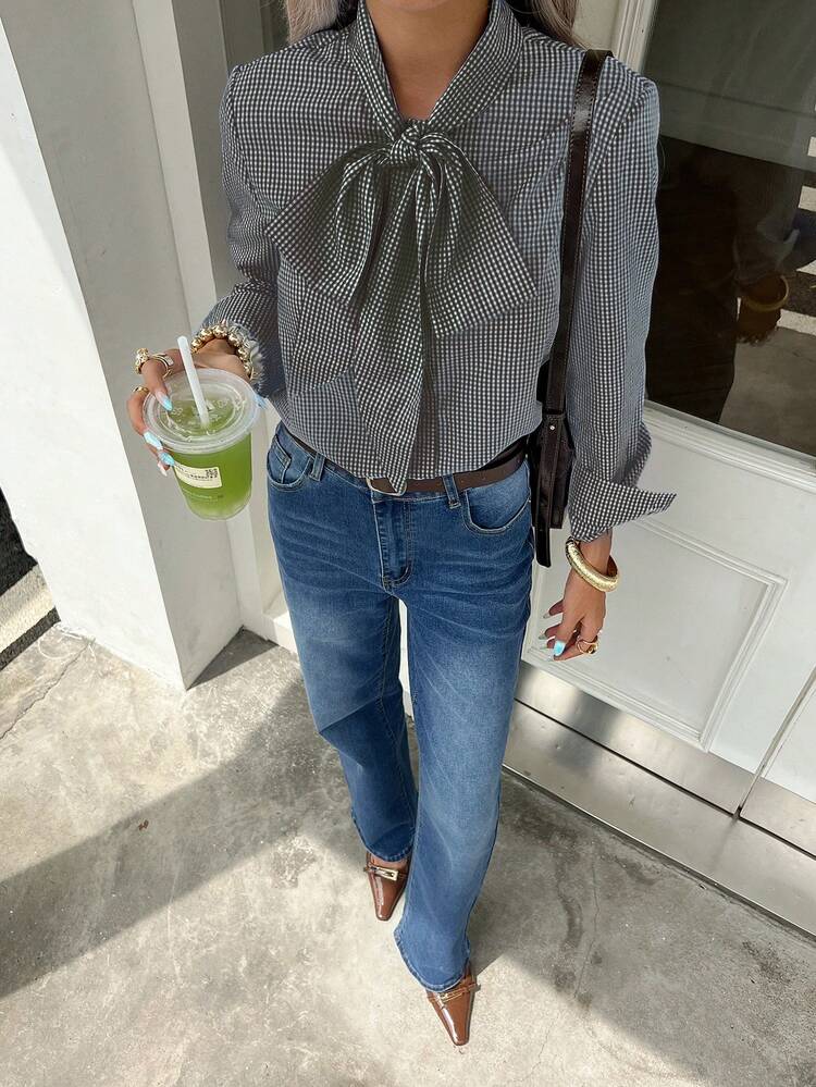 时尚格子衬衫 & 2026 必备单品 | 黑白纯色衬衫 | 优雅领结领，长袖 | 适合时尚办公室、花园派对和新年夜 | 春夏百搭上衣 - 黑色 - 查看 5