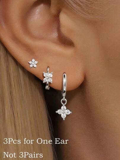 3pcs Vintage Silver Zirconia Flower Pendant Earrings Set, Lightweight Stainless Steel Round Zirconia Flower Stud Earrings, Suitable For Men And Women, Can Be Worn On Ear Cartilage, Earlobe, Helix