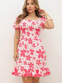 RAINBOW Women's Short Dress Princess Floral Puff Sleeve Lastex Elegant Fashion One Size 36-42 Creppinho - B/pink - 查看 1