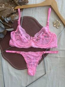 Sexy Lingerie Set Without Underwire With Luxury Lace And Exclusive Gold Heart Adjustment - 粉色 - 查看 2