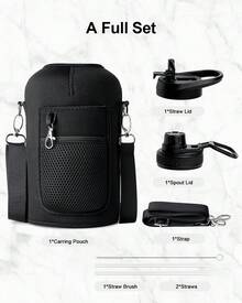 Water Bottle Insulated With Handle, Half Gallon Stainless Steel Metal Large Water Jug, Travel Flask With Straw Spout Lid, Wide Mouth Mug With Carry Pouch, Keep Cold - 黑色 - 查看 8