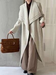Cappotto classico a coste, cappotto oversize da donna con doppio petto in lana, con cintura, casual per autunno e inverno. - Beige - Visualizzare 4