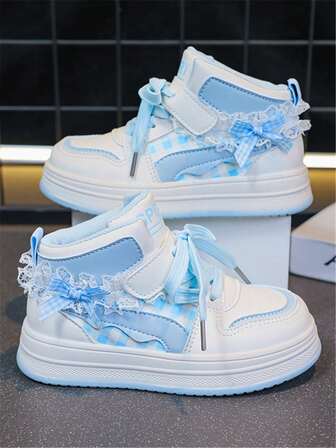 1 Pair Children's New High-Top Warm, Fashionable, Comfortable, Soft-Soled, Durable PU Hook And Loop Design, Girls' Bow Cute Casual Versatile Flat Sports Shoes, College Style, Suitable For Autumn/Winter