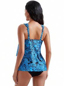 High Waisted Ruffle Tankini Swimsuit Plus Size Tummy Control - Blue Paisley - View 3