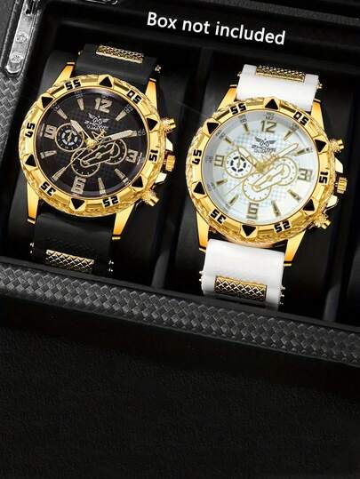 2 件男孩时尚石英手表，配硅胶表带 - 黑白表盘，金色表壳，心跳显示 - 情人节、复活节、生日的完美礼物 - 适合商务或休闲穿着