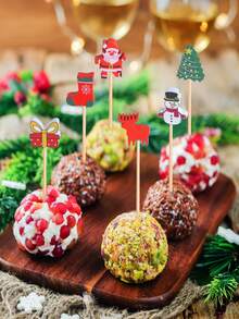 100/50pcs Christmas Toothpick Set, Suitable For Appetizers, 4.7 Inch Natural Bamboo Skewers, Applicable For Christmas, Winter Holiday Parties, Valentine's Day, New Year Cakes, Desserts, Fruits, Christmas Party Decor