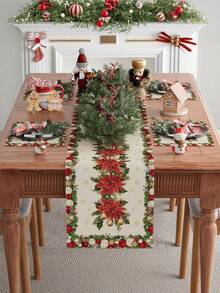 1 pieza/Set de 5 piezas Camino de mesa de Navidad con flor de Pascua, estilo moderno rústico, decoración perfecta para fiestas navideñas, decoración del hogar y cocina, para interiores y exteriores