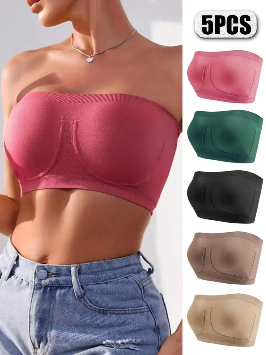 5pcs Women'S Strapless Bras - Seamless High Elasticity No Padding, Breathable Nylon/Elastane Blend, Solid Color Casual Elegant Design For Casual Attire Bras For Women, Breathable Knit Fabric, For Party Style - 彩色 - 查看 1