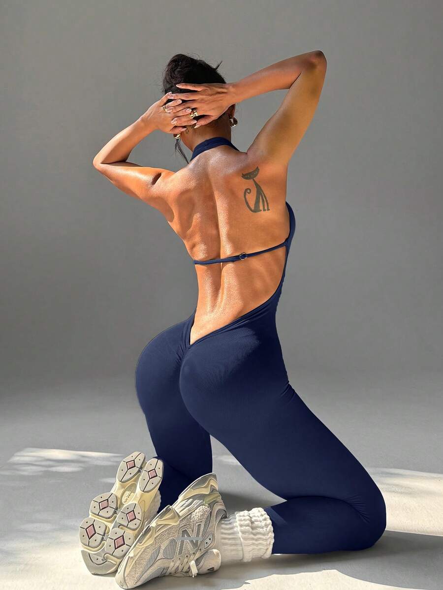 女士高弹力无缝瑜伽连体衣 - 收腹、纯色、修身运动连体衣，适合健美运动，舒适透气时尚塑身连体衣