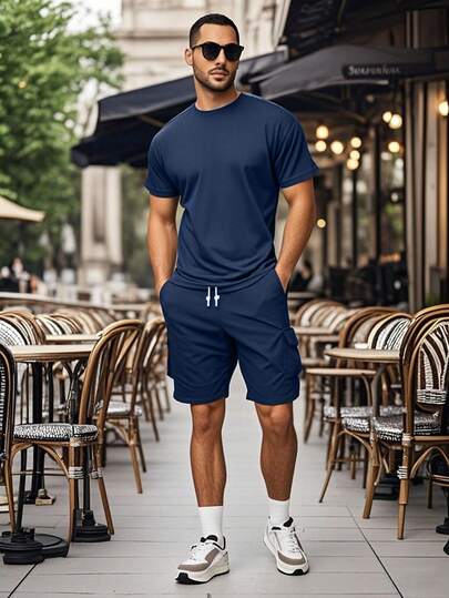 Conjunto Hombre, Conjunto de dos piezas informal de verano para hombre, Conjunto deportivo de dos piezas para hombre con camiseta de cuello redondo de manga corta y pantalón corto con cordón de ajuste. Obsequio. Regalo. Estilo street. Primavera. Verano. Otoño. Invierno. Para hombres.