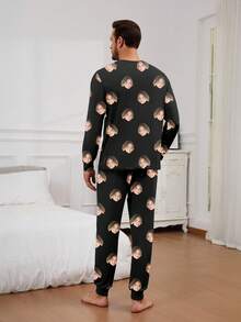 Printstory Customized Men's Long Sleeve Pajama Set, Can Print Any Pattern, Personalized Gift, Suitable For Family, Friends And Holiday Gatherings, Custom Face - Black - View 2
