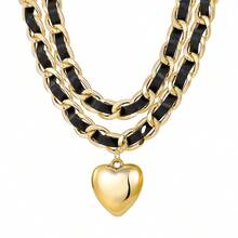 1 PC Creative Design Geometric Temperament Flannelette Chain Fashion Necklace, Retro Heart - Shaped, Versatile Double - Layer Neckpiece - 黑色 - 查看 4