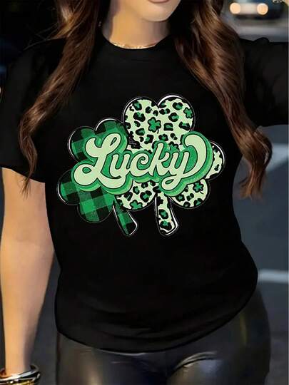 Nueva camiseta casual de mujer de manga corta estampada, adecuada como regalo para todas las estaciones en el Día de San Patricio con estampado de leopardo y diseño de trébol.