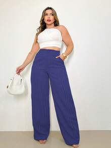 A&DD MODA, REF: H932(PLUS SIZE) - Plus Size Women's Striped Pants, Stylish Plus Size, High Waist, Wide Leg, Elegant, Casual, Formal, Lightweight, Modern, Comfortable, Women's Pants, Lightweight Fabric, Striped Print, Simple Look, Versatile, High Quality ✨ - 藏蓝色 - 查看 3