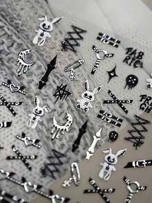 1pc 3D Gothic Punk Nail Sticker, Self-Adhesive, Embossed Rabbit & Strap Details, Create Avant-Garde Nails, Suitable For Women & Girls DIY Decoration, Ideal For Gothic Fashion & Home Manicure DIY Nail Stickers - Black - View 7