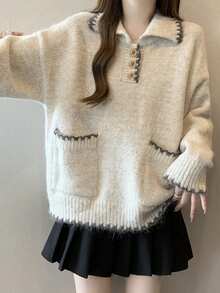 Alicedudu Women's Vintage Minimalist Contrast Color Edge Design Turtleneck Sweater, Autumn/Winter