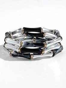 1 Set Of 3pcs Bohemian Acrylic Marble Texture Olive Green Bamboo Beaded Elastic Bracelets, Suitable For Women's Daily Wear, Gift, Holiday, Beach Jewelry - Blue - View 9