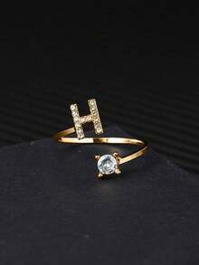 礼盒装 26 字母奢华水钻金色开口戒指，适合女性婚礼订婚派对生日礼物 - 金色 - 查看 38