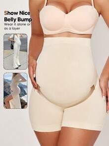 Maternity High Waist Belly Support Shorts With Expandable Abdominal Panel - Apricot - View 4