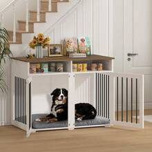 Furniture Dog Crate For 2 Dogs, 41 Inch Dog Kennel Furniture With Removable Divider And Shelf Storage, Wooden Dog Crate For Small/Medium Dogs, White/ Brown/ Gray - 白色 - 查看 3
