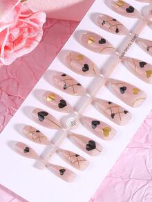 24 pezzi Unghie finte a mandorla stile minimalista oro e nero a forma di cuore, adatte per signore d'ufficio, uso quotidiano, appuntamenti, tè pomeridiano, attività all'aperto, con 1 lima per unghie, 1 colla gel, 1 bastoncino di legno