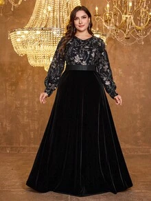 XUIBOL 亮片天鹅绒 V 领 A 字长袖大码正式晚礼服、派对礼服、婚礼宾客礼服、晚礼服 - 黑色 - 查看 6