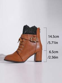 2025 Herbst/Winter Mode Koreanischer Stil Stiefeletten in Große Größen, Stiefel für Damen, Dicker Absatz, Schnalle, Spitzenbesatz