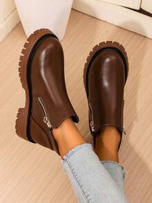 Botas Chelsea com Zíper Oblíquo para Mulheres, Bico Redondo, Salto Grosso, Botas de Tornozelo em Couro PU Marrom, Slip-On, Botas Curtas de Estilo Americano da Moda, Adequadas para Primavera e Outono