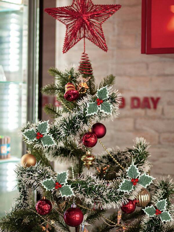 200 cm (78,74 Zoll) Weihnachtsdekoration Wollstreifen, mit 5 simulierten Dreizack-Weihnachts-Harry-Blättern am Rand von dunkelgrünen Schneeflocken, dekoriert mit festlichen Farbstreifen für die Weihnachtsveranstaltung