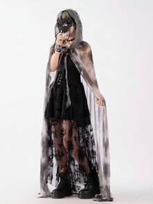 1 áo choàng Halloween có mũ màu đen, 1 áo blouse phù thủy ren, 1 khăn choàng lưới, 1 nơ cổ bèo nhún, họa tiết hoa - A - Xem 11