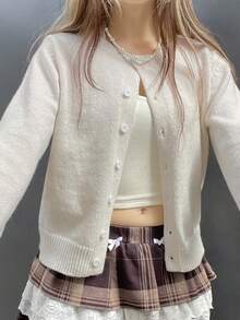 Cárdigan de mujer de un solo pecho, de manga larga, elegante y vintage, suéter sólido de lana tejida para otoño e invierno, básico para volver a la escuela y estilo Y2K