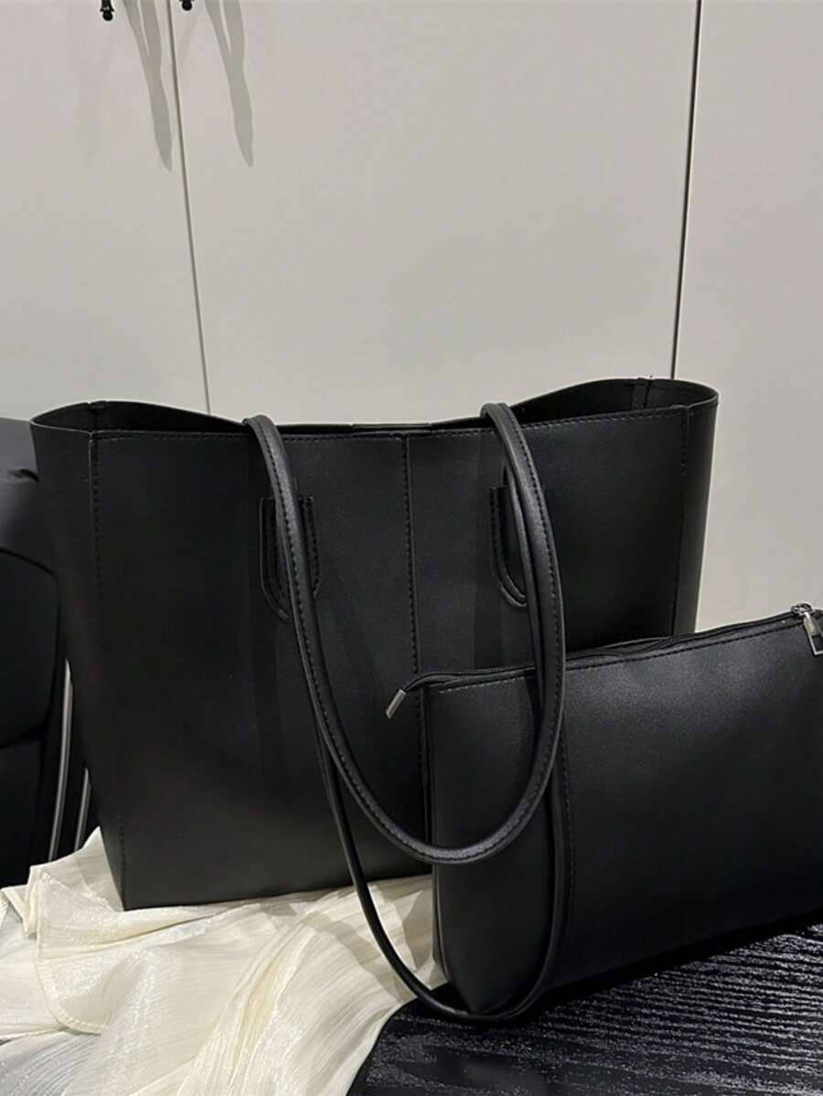 2pcs Women Black Quilted Lining Shoulder Tote Bag, Fashion Large Capacity Combination Handbag With Snap Closure, Casual Street Style For Photography, Daily Commute