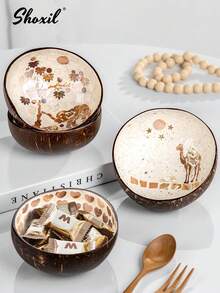 shoxil 1 pièce Bol en coquille de noix de coco avec motif tridimensionnel, cuillère en bois, bol rond en bois vintage classique, bol à dessert, assiette à collations convenant aux bonbons, chocolats et desserts, vaisselle de maison, bol en bois naturel, convenant pour la cuisine, la cour, Noël et la rentrée scolaire - Bol en coquille de noix de coco - Voir 3