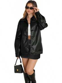 Womens Leather Jackets Faux Suede Oversized Fall Motorcycle Coats Fashion Winter Outfits Y2K Tops BPVW - 棕色 - 查看 4
