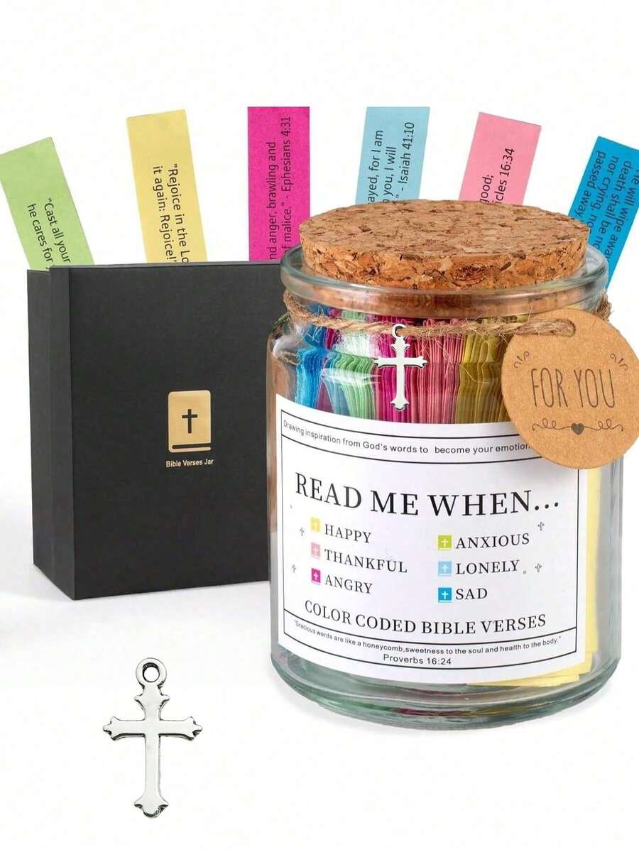 一套带盖圣经经文罐，英文/西班牙文圣经经文，女士信仰玻璃/塑料经文罐，男士宗教礼物，罐装圣经经文，毕业礼物，祷告罐，耶稣装饰，用于阅读的圣经经文罐，圣经装饰，圣经用品，圣经经文卡片，经文，女士祷告罐礼物 - 彩色 - 查看 1