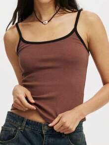 Blusa Regata Alça Fina Canelado Básica Casual  Poliéster Esportes e Fitness - Marrom e preto - Visão 1