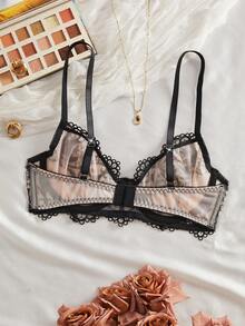 Set de lenjerie intimă neagră, sexy, cu plasă și broderie, retro, elegant, cu bretele asimetrice, sutien bandeau pentru femei.