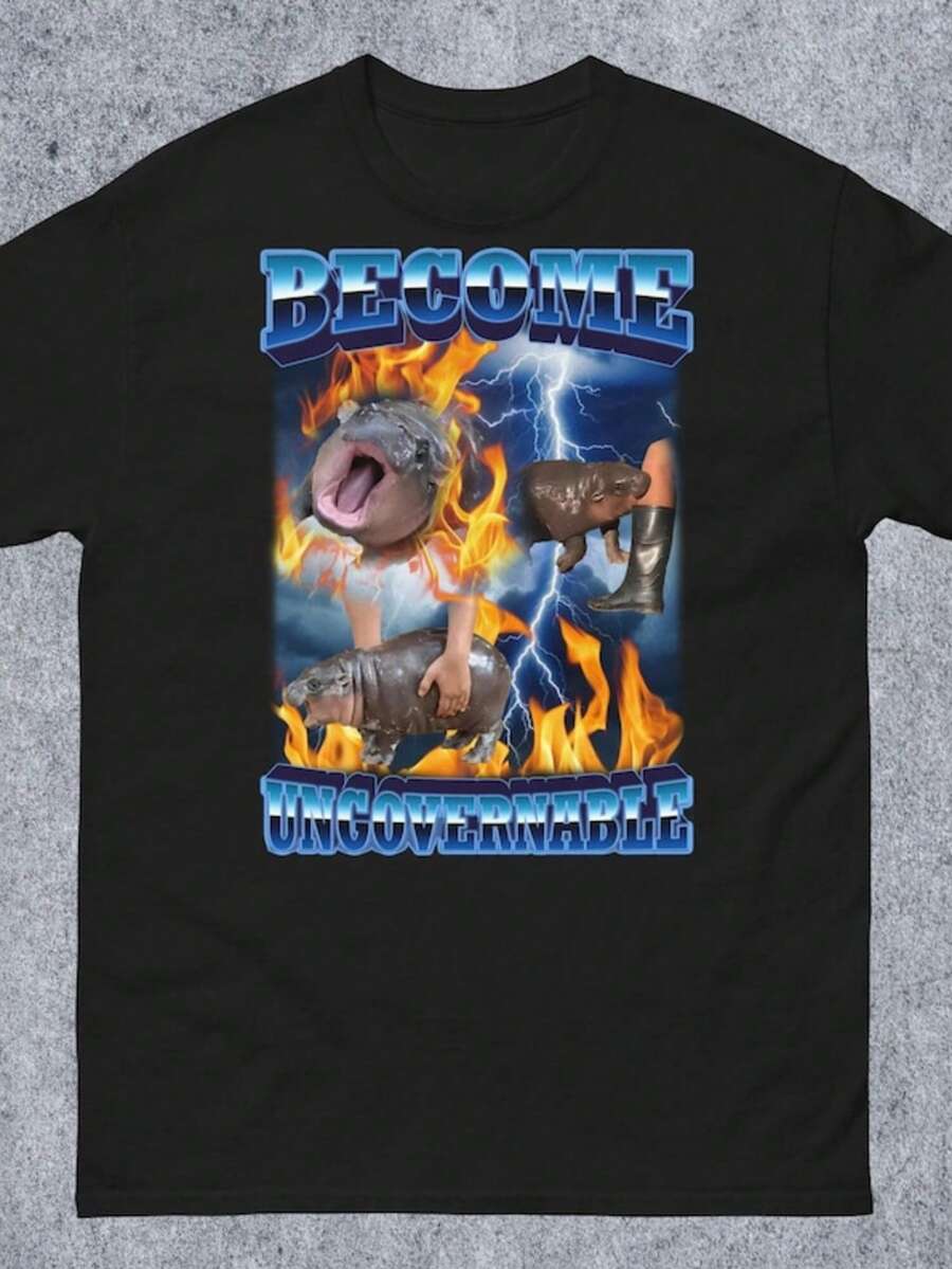 Become Ungovernable Funny Moo Deng Baby Pygmy Hippo Meme Tee Shirt Gift For Woman And Man, Ugly Shir - 黑色 - 查看 1