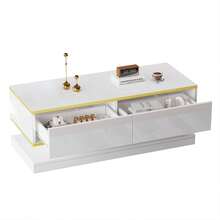Couchtisch Beistelltisch mit Hochglanz,Wohnzimmertisch mit 2 großen Schubladen und goldenen Rändern,Sofatisch mit eingebautem Rückprallschalter,weiß