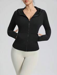 Damen Outdoor Lässig Sport Fitness Reißverschluss Langarm Kapuzenjacke mit Taschen und Daumenöffnungen