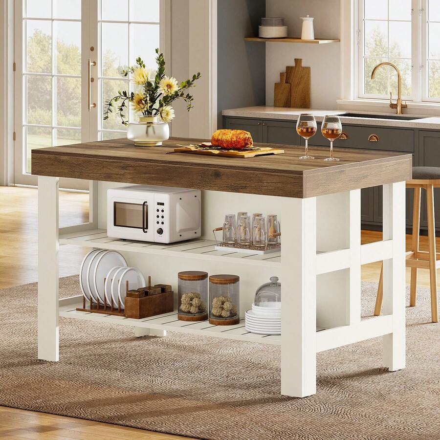 Tribesigns Kitchen Island With Seating And Storage Shelves, 55.1-Inch Breakfast Counter Farmhouse Island Table For Kitchen Dining Room - 棕色和白色 - 查看 1