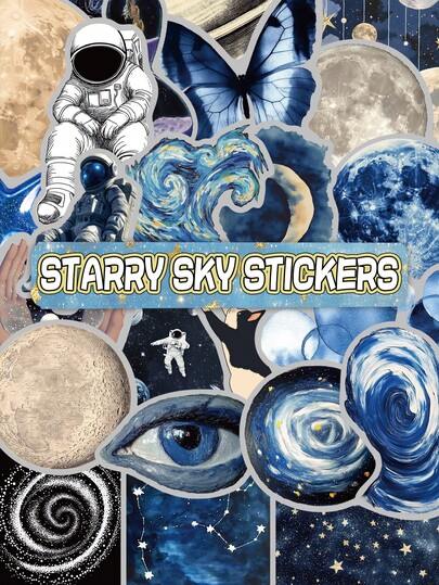 50 piezas de pegatinas con láser de tema de cielo estrellado (con estrellas, astronautas, planetas), material transparente de PET resistente al agua, adecuado para decorar diarios, cuentas manuales, tazas de agua, etc. - Excelentes regalos de vuelta a la escuela.