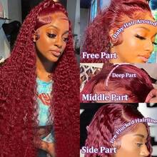 200% 密度 16 英寸 99J 酒红色杰瑞卷全蕾丝前假发 13x4 预拔毛高清透明杰瑞卷蕾丝前假发混合发预拔毛深波浪卷混合发纤维蕾丝前假发，适合 - SBUG - 查看 7