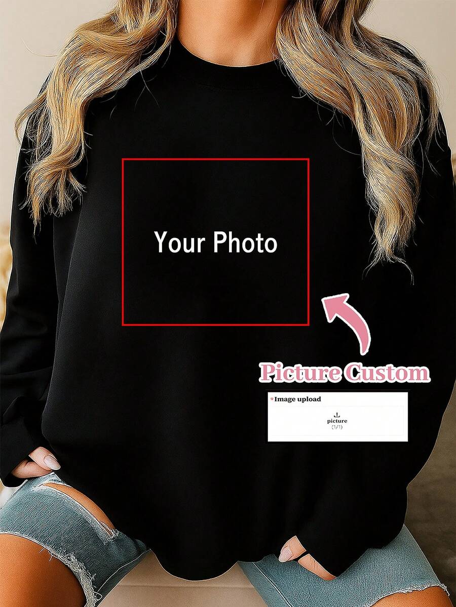 Plus Size Customizable Photo Print Sweatshirt - Casual Polyester Knit Lounge Top For Women - Fall/Winter Cozy Pullover