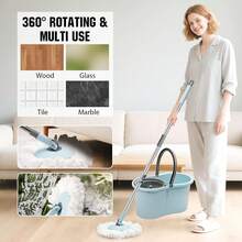 Spin Mop And Bucket With Wringer Set, 360° Spinning Mop Bucket System With 3 Microfiber Mop Replacement Heads And 50" Stainless Steel Adjustable Handle For Floor Cleaning (15QT) - 藍色 - 查看 2