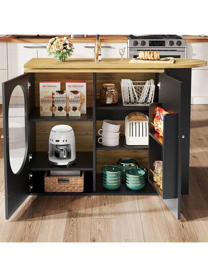 Sairedel Wit 360° Rotating Bar Tafel Storage Space Kitchen Isl 138x39x102cm Doors, Door Shelves Removable Dividers, As Dining Counter view 5